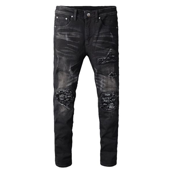 

sokotoo men's black bandanna paisley printed patchwork biker jeans slim skinny pleated stretch denim ripped pants t200614, Blue