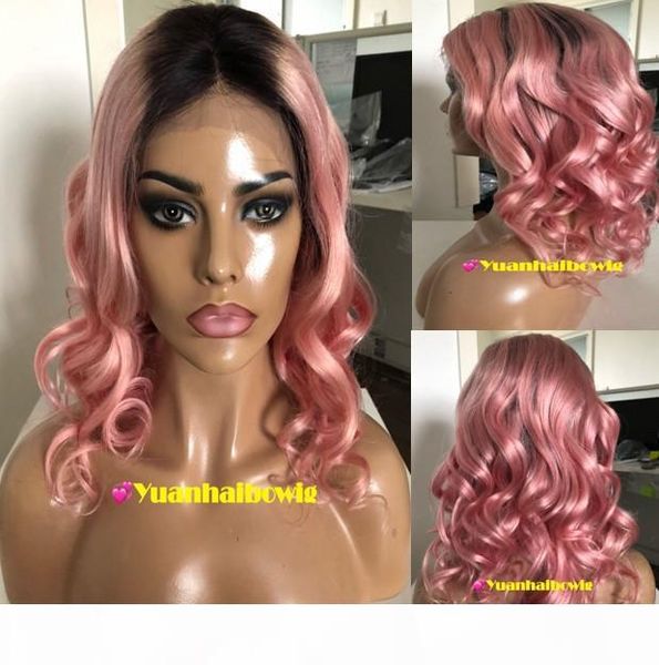 

ombre pink lace front wigs brazilian virgin human hair two tone pink full lace wig dark roots 18 inches loose wave ing, Black;brown