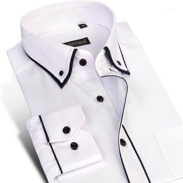 

men's double layer collar dress shirt with black piping single patch pocket standard-fit long sleeve casual button down shirts1, White;black