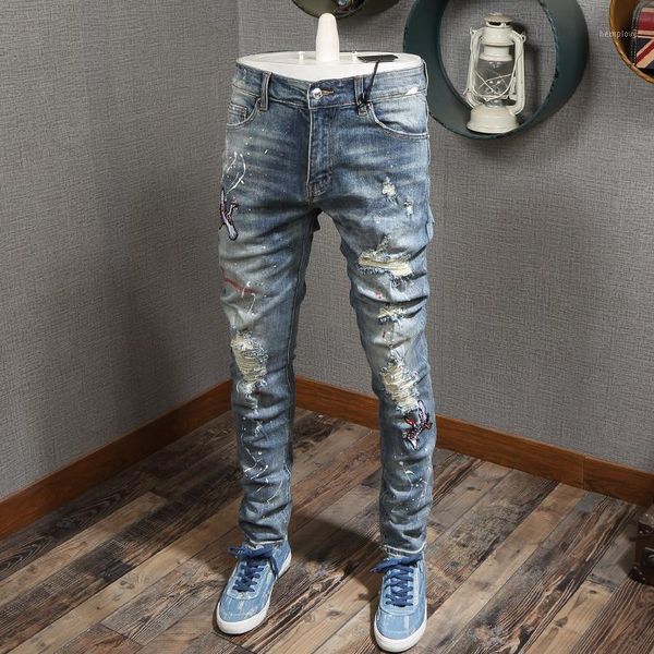

fashion streetwear men jeans embroidery designer slim ripped jeans men elastic destroyed pants hip hop homme1, Blue