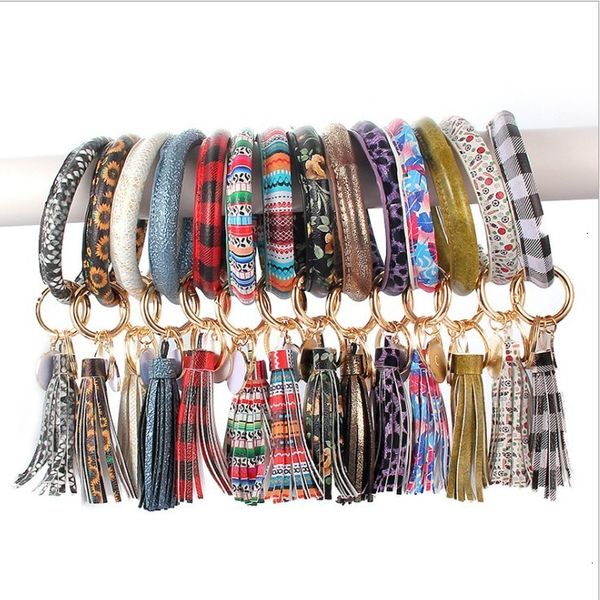 

factoryjg7qbangle wristlet 33 keychain bracelet tassel colors with round ring leather key holder sunflower leopard charm