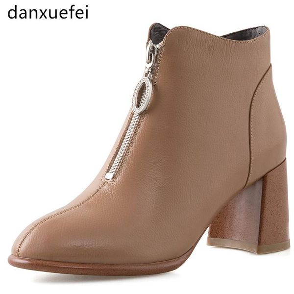 

3 color women's genuint leather thick high heel autumn ankle boots front zip elegant ladies soft comfortable short booties shoes, Black