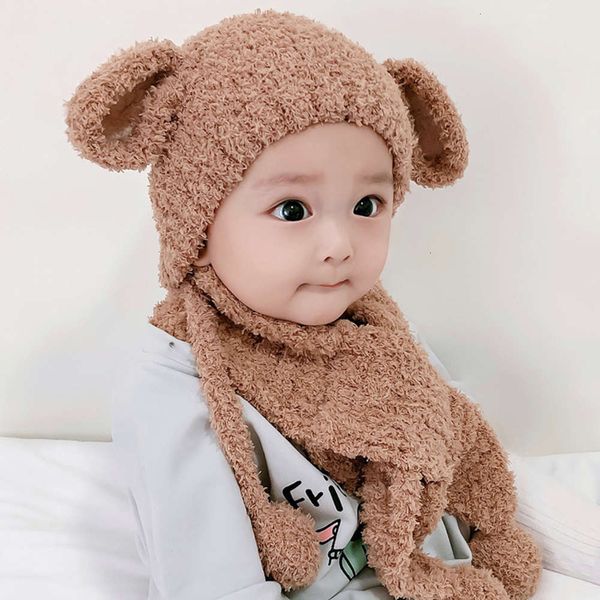 

old 1-2 winter wool korean years warm children's boy girl ear cap baby hat scarf, Red;brown