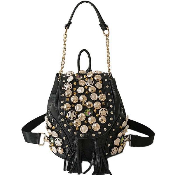 

new personality belt tassel shoulder bag fashion punk rivet buckle bucket chain bag