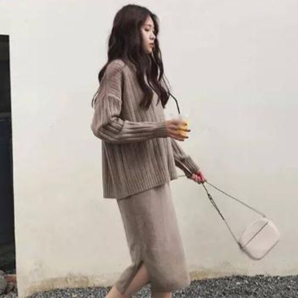 

zawfl sweater knitted suit with skirt for women outfits korean version loose women's knitted two piece set winter knit sets c1015, Black;white