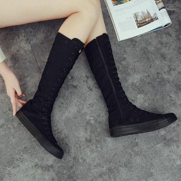

boots high-long tube casual canvas shoes autumn fashion side zipper lace-up big size 34-43 women's ea-1451, Black