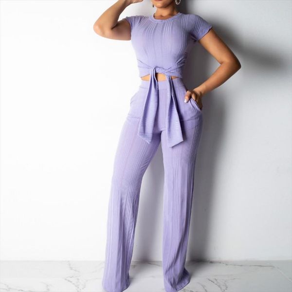 

women bodycon clothing sets 2 piece short sleeve crop wide leg pants set slim casual outfits clothing, Gray