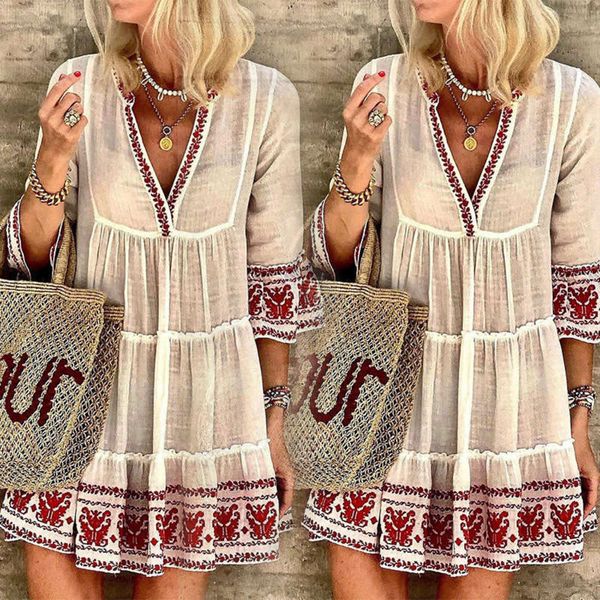 

style new summer commuter print 2020 v-neck dress cotton linen skirt, Black;gray