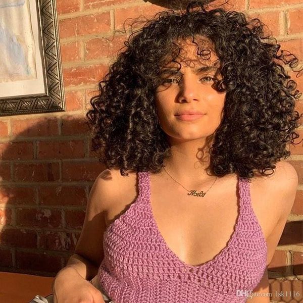 

sleek human hair wigs for women curly short human hair wig with bangs bob wigs wool roll curl short brazilian hair pixie wigs, Black;brown