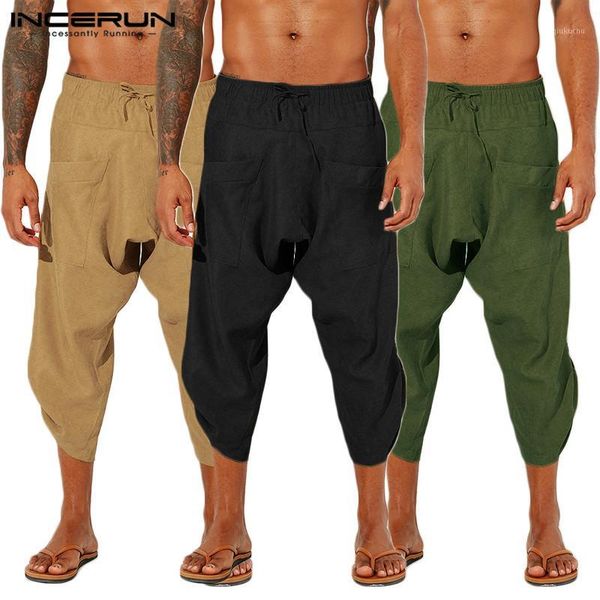 

incerun cotton linen men casual pants solid 2020 loose joggers retro calf length trousers men streetwear drop crotch harem pants1, Black