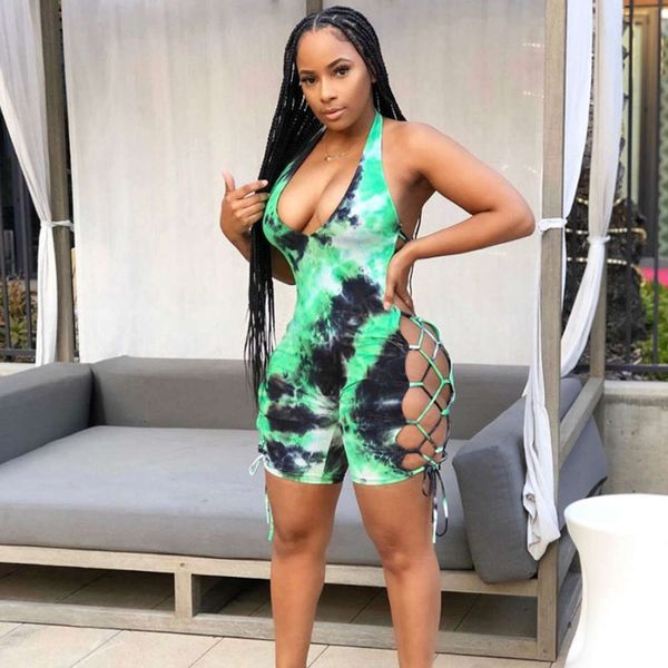 

2020 summer new women's print neck hanging open back lace up hollow high waist jumpsuit, Black;white