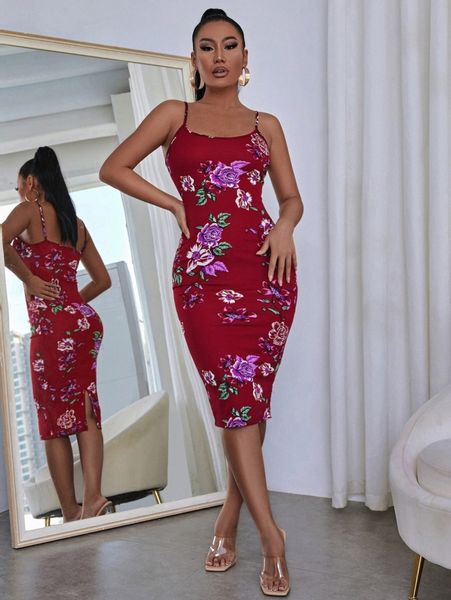 

floral print split hem bodycon cami dress 75qv#, Black;gray