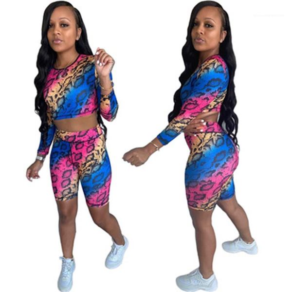 

female long sleeve t-shirts tracksuits women multicolor snakeskin pattern suits fashion round neck casual short tshirt shorts sets designer, Gray