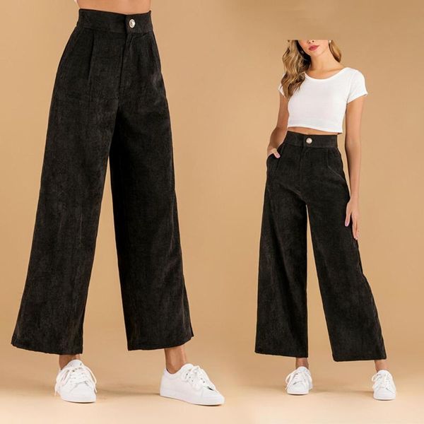 

women wide leg pants winter warm high waist vintage corduroy pants women trousers loose cotton long pantalones de mujer, Black;white
