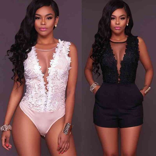 

lace floral bodysuit women summer sleeveless v neck bodycon bodysuit jumpsuit party wedding clothing femme, Black;white