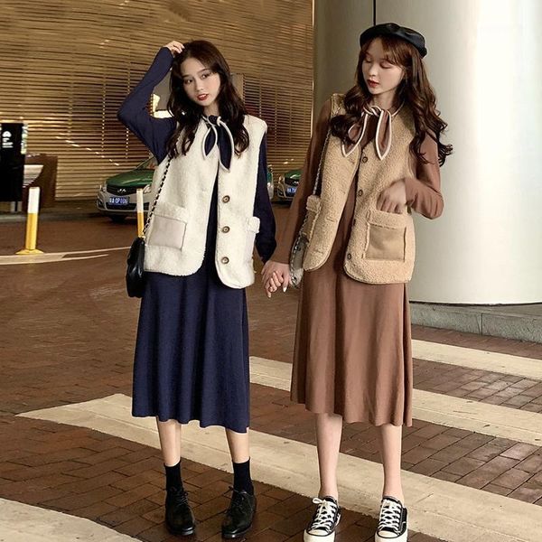 

women's tracksuits autumn suit women 2021 korean style temperament long-sleeved dress two-piece fashion imitation lamb hair vest1, Gray