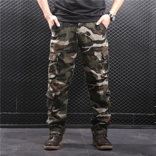 

men's camouflage baggy cargo pantsfull length casual long trousers loose straight pant male army tactical plus size, Black
