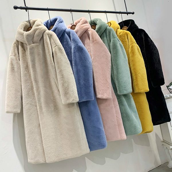 

women mid-long imitation of thick rabbit fur outerwear parka girl loose false vison teddy hooded coats xosd, Black