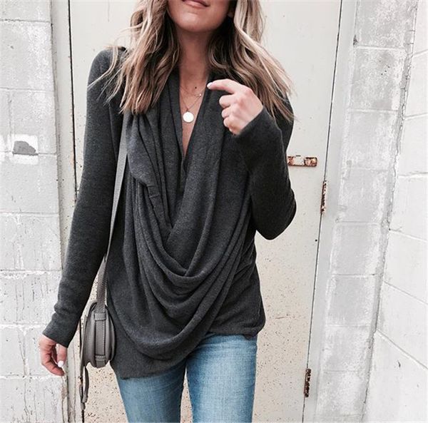 

2021 new womens asymmetric cowl neck long sleeve shirts unml, White