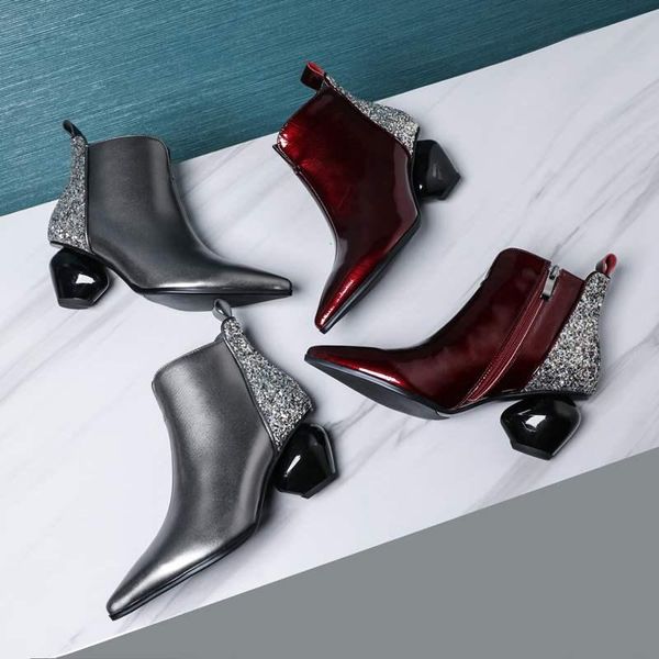 

новые зимние ботильоны женские туфли из натуральной кожи заостренный носок странный стиль bling zipper офис леди ботильоны плюс size42, Black