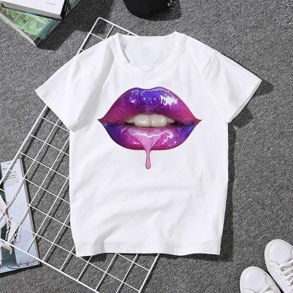 

3d lip print graphic tees for women summer short sleeve casual white tshirts streetwear femme tee