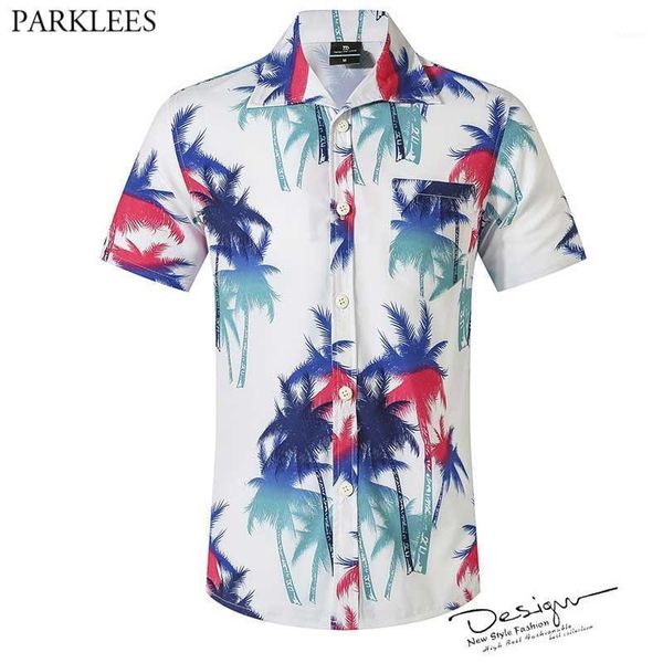 

funky hawaiian shirt men short sleeve frontpocket palm tree print tropical aloha shirts mens holiday vacation clothing chemise1, White;black