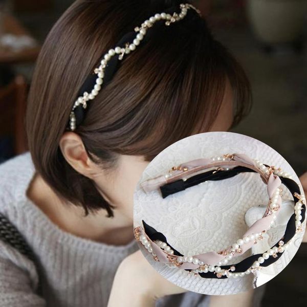 

korean pearls rhinestone chiffon headbands hair hoop women elegant elastic hair bands girls hair accessories black pink headband q sqclnj