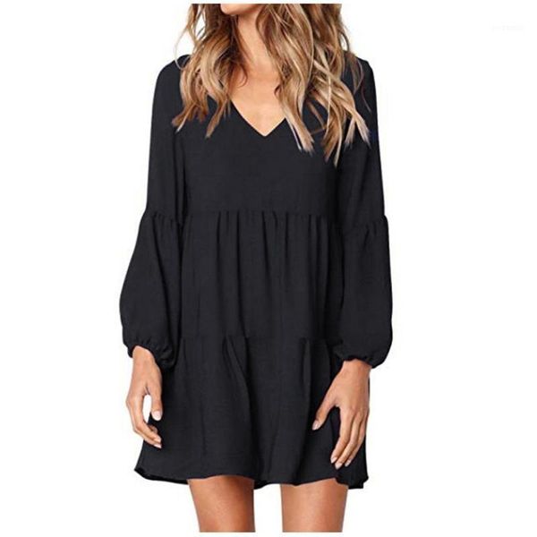 

harajuku dress for women autumn loose mini dress solid v-neck lantern long sleeve flowy swing shift casual dresses oc61, Black;gray