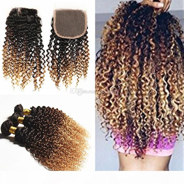 

ombre brown blonde human hair 3 bundles with lace closure 1b 4 27 kinky curly hair weaves with lace closure, Black