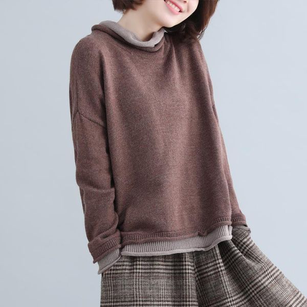 

autumn arts style women long sleeve loose pullovers fake two piece casual knitted turtleneck vintage sweater lj201113, White;black