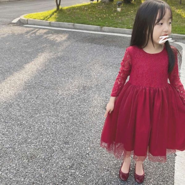

2021 spring and autumn new children's girls lace drs foreign sle pengpeng yarn princs skirt, Red;yellow