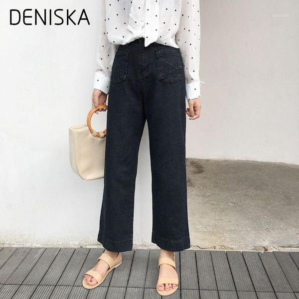 

deniska womens korean loose straight jeans female cowboy wide leg pants button high waist solid split trousers m1, Blue