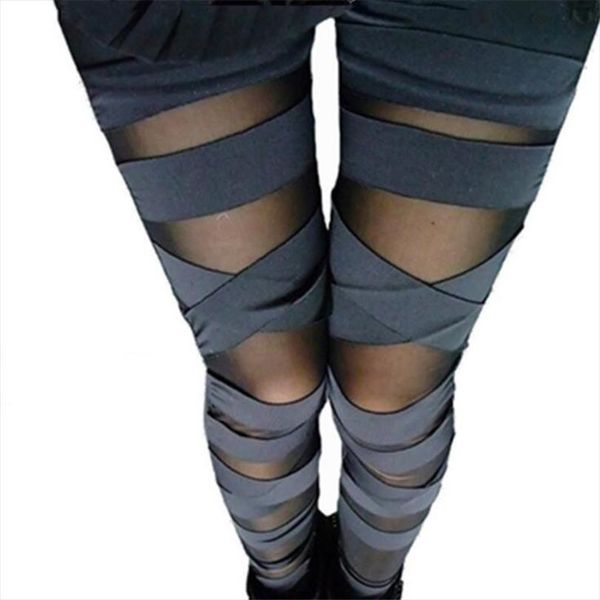 

fashion women summer legging see through stripe cross tie up nine points women leggings thin slim bandage leggings, Black