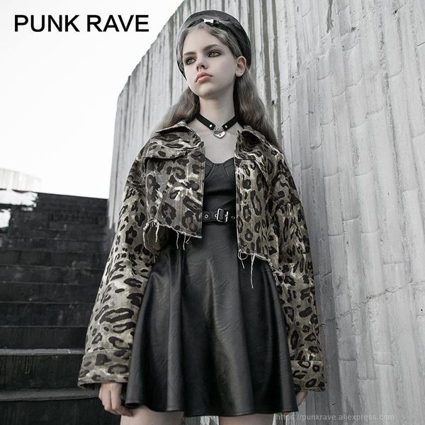 

punk rave girl's punk leopard printed frayed denim short jackets personality fashion women coat jean, Black;brown