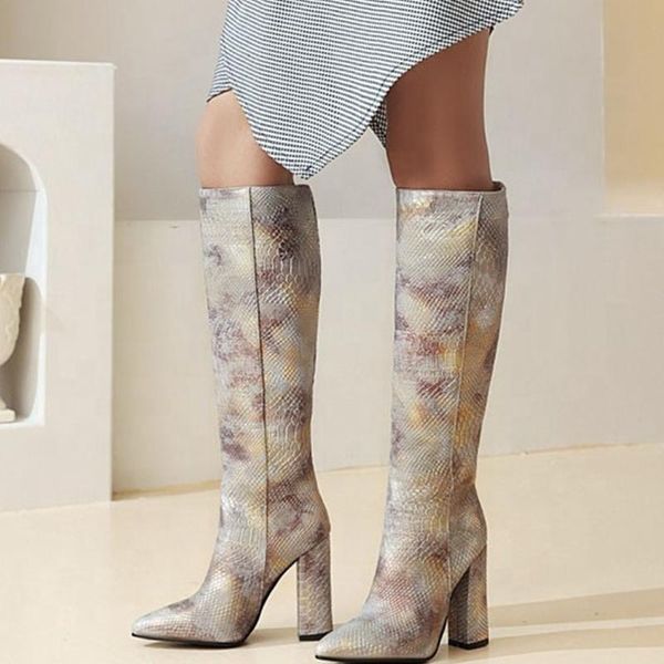 

2020 autumn snakeskin print pointed toe women slip on chunky heel knee high boots fashion winter long booties plus size 43, Black