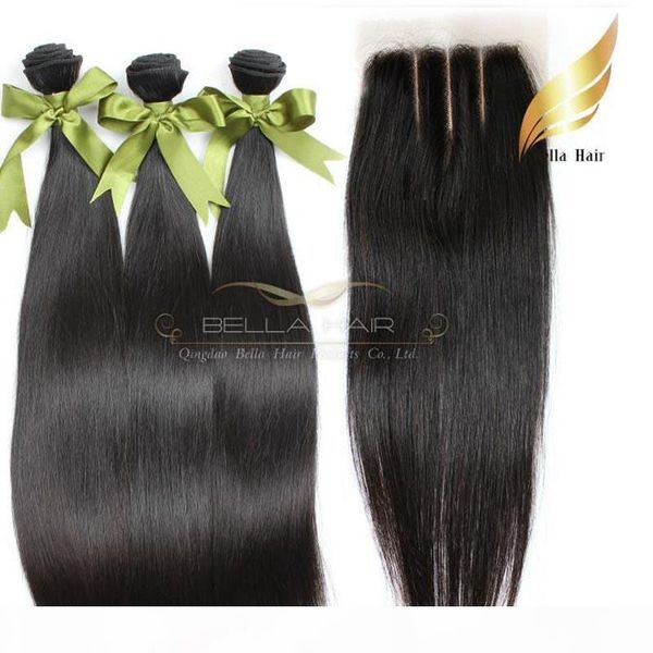 

malaysian human hair weft with lace closure 3 part grade 8a natural color 8-34inch silky straight bellahair, Black
