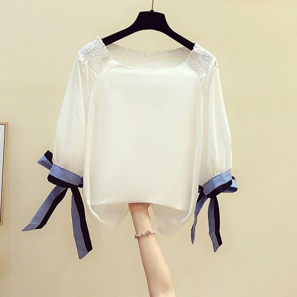 

bow bandage solid women blouse 2020 slash neck half sleeved loose lady elegant pulls outwear coat, White