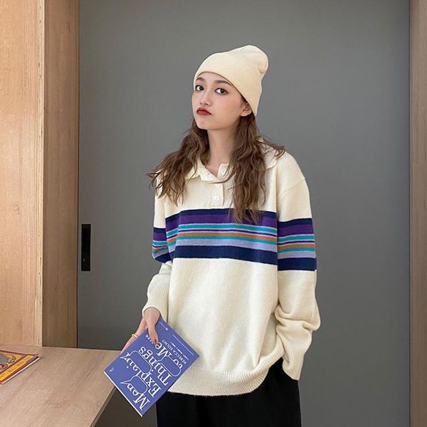 

2020 autumn winter women pullovers and sweaters jumper preppy style turn down collar patch warm female knitted sweater (f1445, White;black