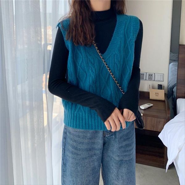 

loose solid color v-neck sweater vest female thin section high-necked long-sleeved bottoming shirt women sets pullover, Gray