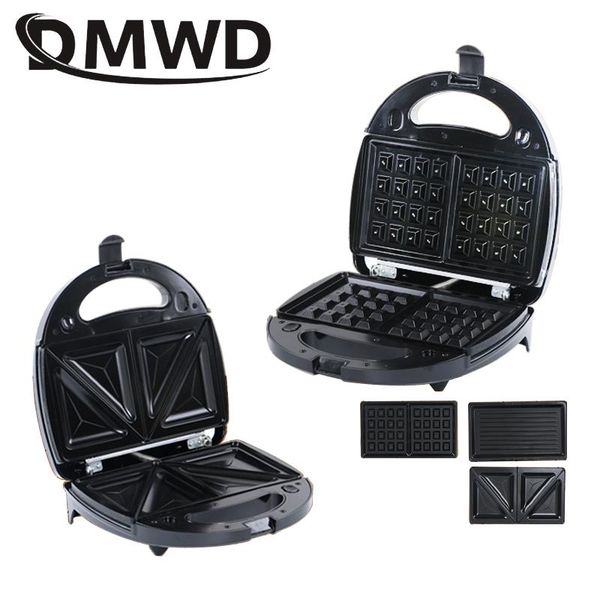 

eu/us electric sanwich maker automatic mini waffle bread breakfast baking machine oven iron grill 3 changeable plate toaster pan
