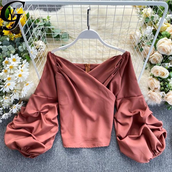 

2021 boho style off shoulder women shirts blouse korean fashion big puff sleeve elegant ladies outwear cropped, White