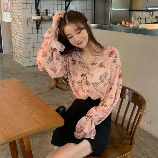 

women 2020 spring summer new print chiffon blouses female fashion v-neck long flare sleeve ladies loose casual shirts x631, White