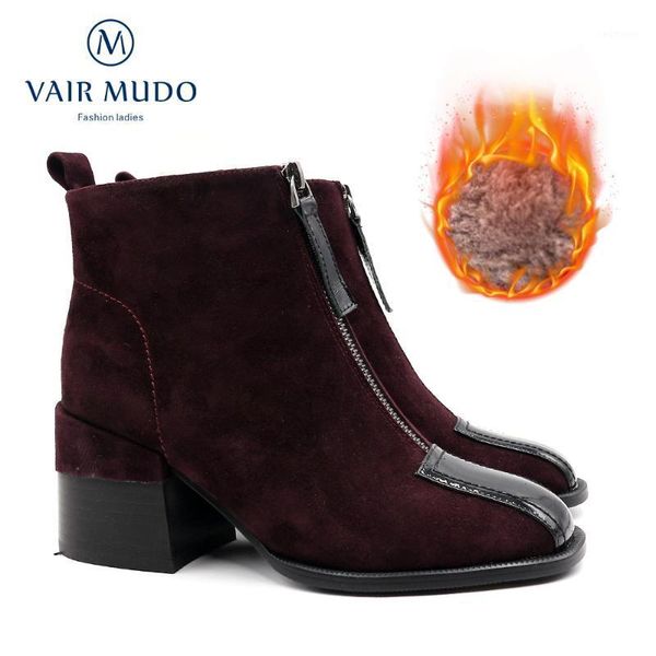 

vair mudo ankle boots shoes women kid suede metal decoration square heel basic wool round toe purple black winter female dx1561