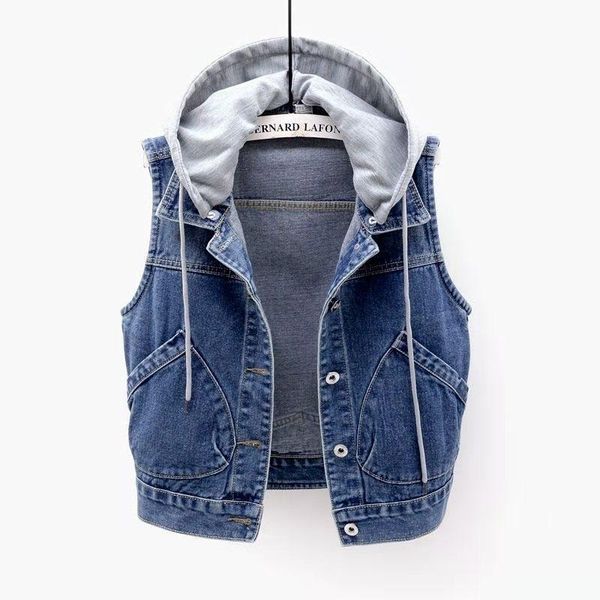 

spring/autumn new korean style warm hooded jacket for women fashion lady sleeveless single breasted with pockets vest denim coat, Black;white