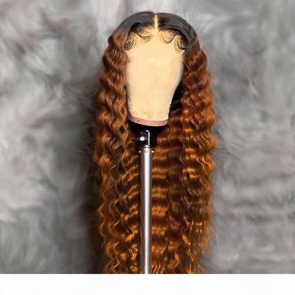 

colored ombre human hair wig 2x6 natural deep curly lace closure human hair wigs for black women black remy brazilian, Black;brown