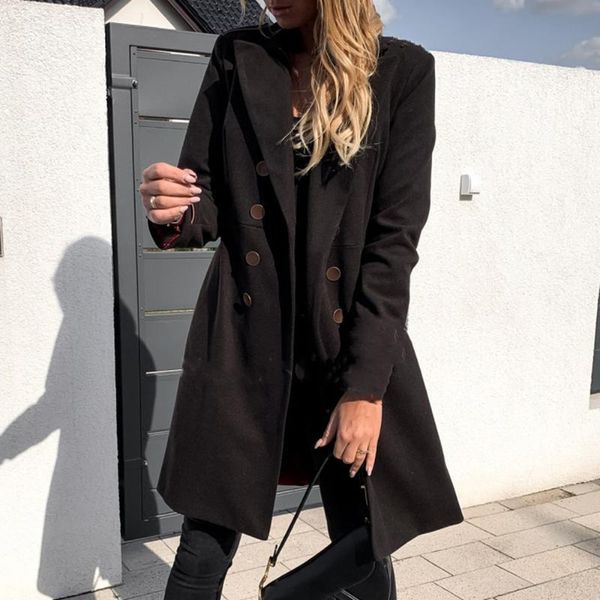 

womens fashion wool blend coat 2020 new ladies collar long sleeve long coat autumn winter casual loose jacket, Black