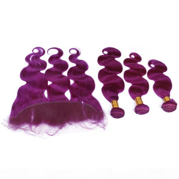 

brazilian purple human hair weave 3bundles body wave with full lace frontal closure 13x4 pure purple virgin hair wefts with frontals, Black;brown