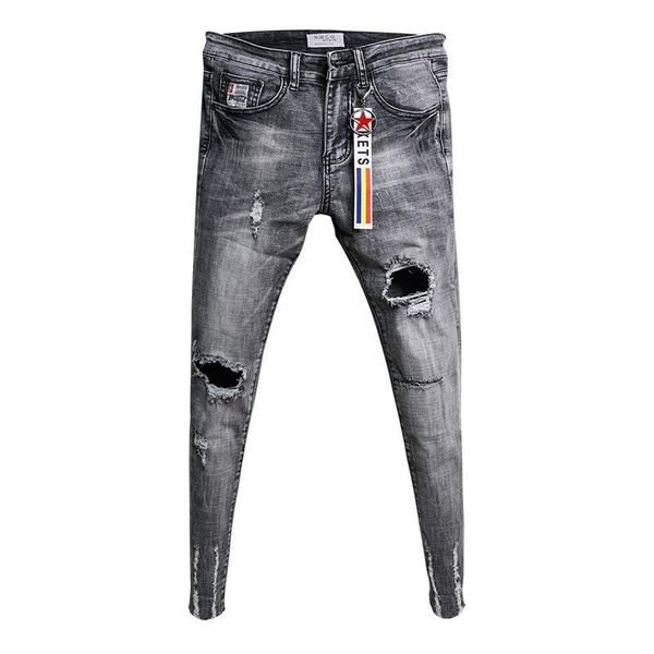 

men's jeans wholesale denim ripped pants slim skinny men retro ankle length social youth hair stylist pencil, Blue