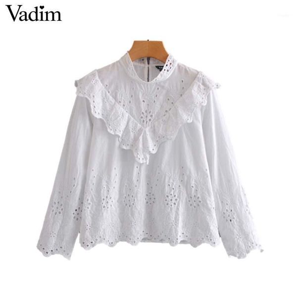 

vadim women sweet ruffles hollow out blouse long sleeve o neck eyelet shirts female casual chic white blusas la6251