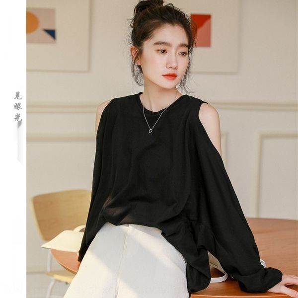

m7hgf hong kong style fall korean newshoulder t-shirt machine long sleeve careful women's 2019 simple loose t-shirt uhvfj, White